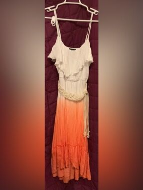 White to Orange Ombre Ruffle Maxi Dress with Braided Belt